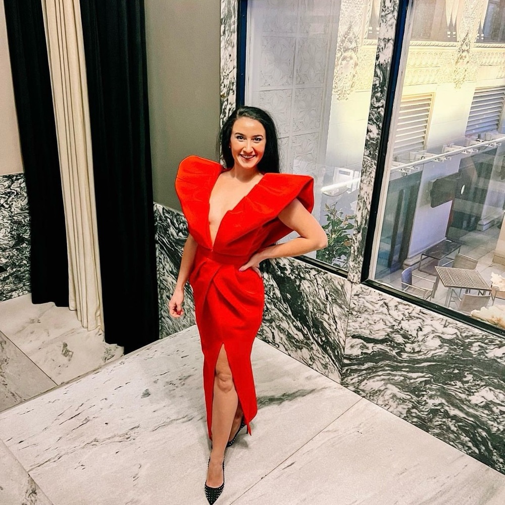Medium Mable red dress with puff sleeves and deep v neck, open back 🌹🍷